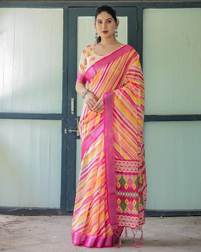 Image of Kaugalian store Linen Cotton Floral Printed Saree for Women with Unstitched Blouse Piece | 5.5 M Saree & 0.8 M Blouse