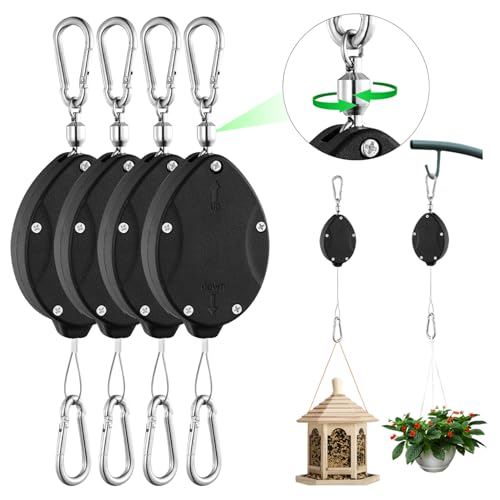 4 Pack Heavy Duty Retractable Plant Hangers Adjustable Pull-Down Pulleys with 63 Stainless Steel Rope Double Hooks for Hanging Plants Bird Feeders Planters & Pots Indoor & Outdoor Use