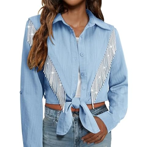 MYMORE Womens Sky Blue Rhinestone Fringe Top Shirt Disco Cowgirl Western Tie Front Top Sparkly 3/4 Long Sleeve Cropped Button Down Shirts Cute Nashville Country Concert Cowboy Rodeo Outfit Clothes M Cover