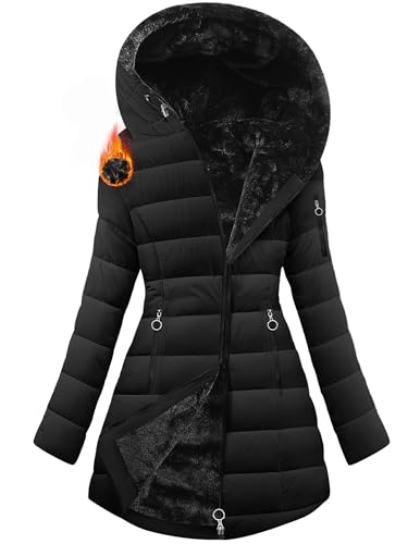 Wintermantel Damen Lang Warm Gefüttert Fleecejacke Winterjacke Elegant Steppmantel Jacke Herbst Winter Mantel Steppjacke Kapuzenjacke Fleece Parka Casual Winterparka Mäntel Daunenjacke Daunenmantel