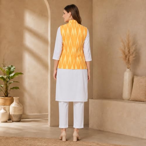 Image of Vastraa Fusion Women's Ikat Cotton Nehru Jacket Printed Waistcoat Sleeveless Mandarin Collar Button Front Ethnic Casual Wear