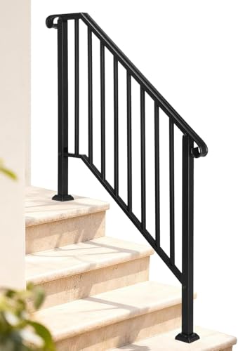 Outvita Handrails for Outdoor Steps, Black Wrought Iron Handrail Fits 3 or 4 Steps, Transitional Handrail with Installation Kit, Stair Railing for Concrete Steps or Wooden Stairs