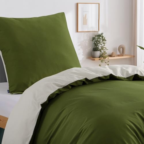 RUIKASI Bettwäsche 155x220 Baumwolle Grün - Olivegrün Bettwäsche-Sets 155x220cm 2teilig Wendebettwäsche 2tlg mit Reißverschluss… – Ansicht 3