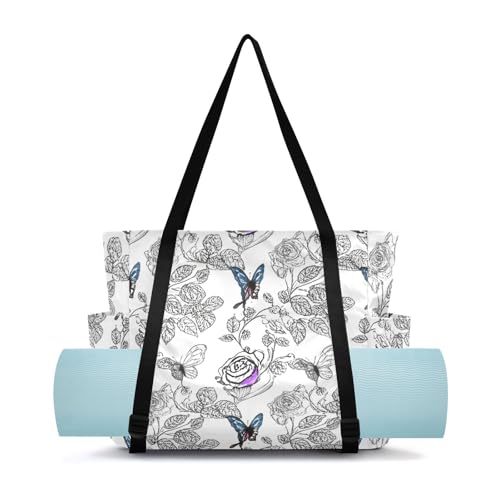 Lxqimora Roses Butterflies Dreamy White Yoga Mat Bag for Women Water-Resistant Gym Bag with Yoga Mat Holder Tote Bag for Gym Pilates Travel Yoga