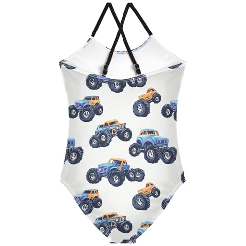 Pigsaly Girls One Piece Swimsuits Blue Monster Truck Kids Cross Back Swimwear Toddler Beach Sport Bathing Suit 3T2