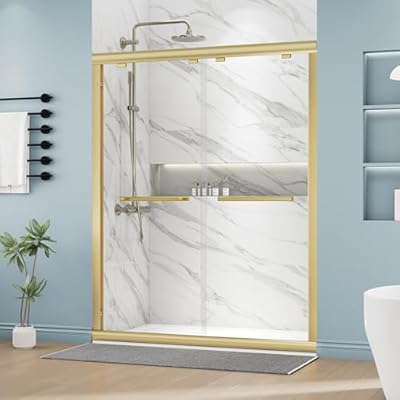 DELAVIN 56-60 in.W x 75 in.H Double Sliding Shower Door, Semi-Frameles Bypass Gold Shower Door with Easy Sliding Rollers, 1/4 in SGCC Clear Tempered Glass Shower Doors with Explosion-Proof Film