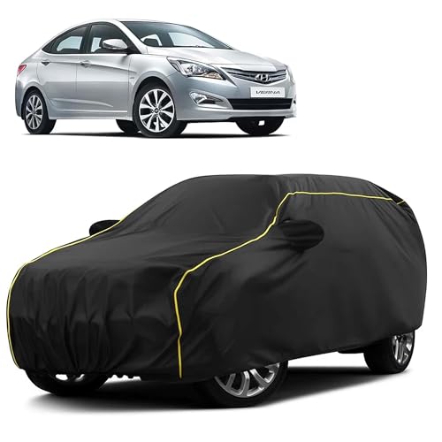 Image of Sulfar 100% Water Resistant Car Body Cover Compatible with Mirror for Hyundai Fluidic Verna 4S (Triple Stitched, Full Bottom Elastic, Black Taffeta with Yellow Piping)