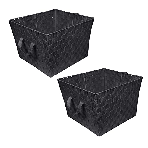 Image of Simplify Large Woven Strap Tote | Decorative Storage Basket | 2 Handles | Organization | Closet | Bedroom | Bathroom | Nursery | Accessories | Toys | Gifts | 2 Pack | Black