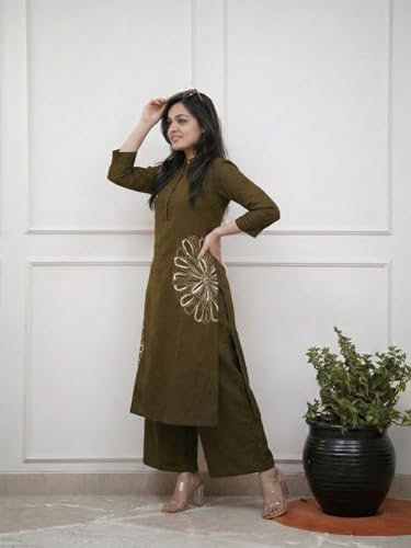 Image of GoSriKi Cotton Blend Embroidered A-Line Kurta with Palazzo for Women | Cotton Blend Orange | 3 /4 Sleeve | Mandarin Collar | Ethnic Wear Casual Wear