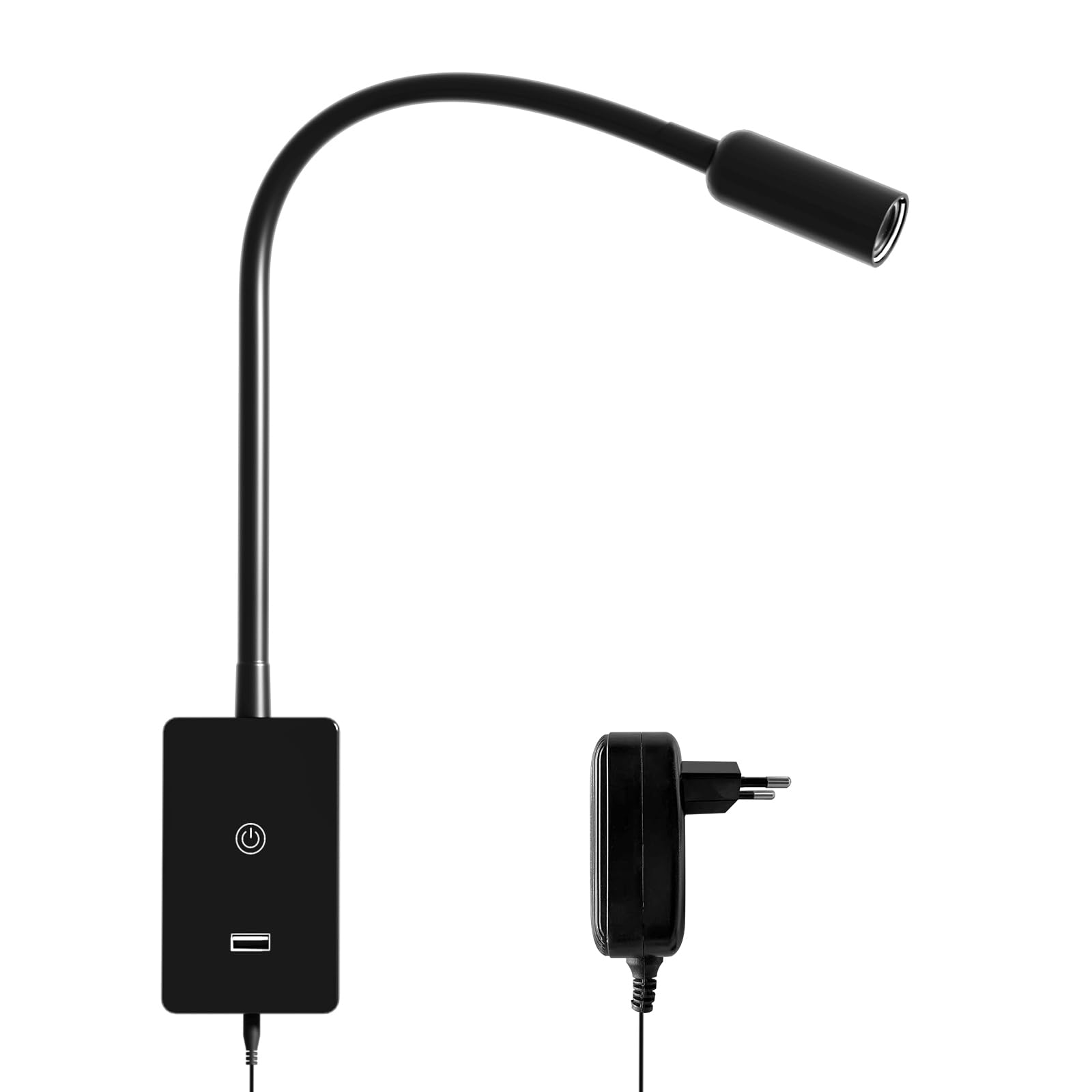 ENUOTEK Lámpara de Lectura de Montaje en Pared, Luz LED de 4W para la Cama, Luz de Lectura Táctil de 4000K, 240 Lúmenes, Regulable tipo Cuello de Cisne Luz de Lectura, 2A Puerto USB para Carga