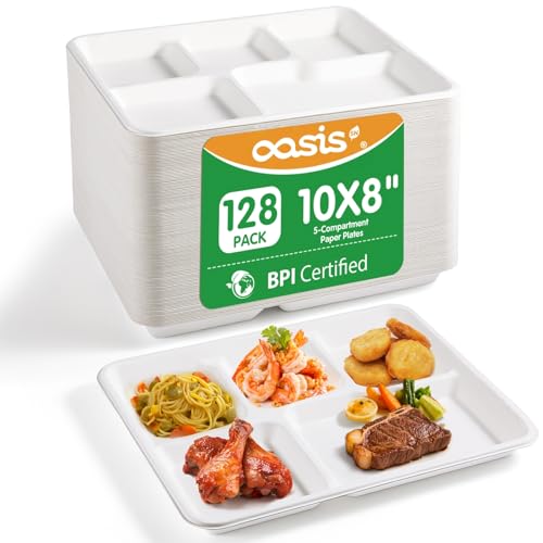 OasisSN 10x8 128-Pack 5-Compartment Divided Plates Ideal for Light Meals Kids Lunch Meal Prep & Party Heavy Duty Compostable Bagasse Plates Microwave Safe White