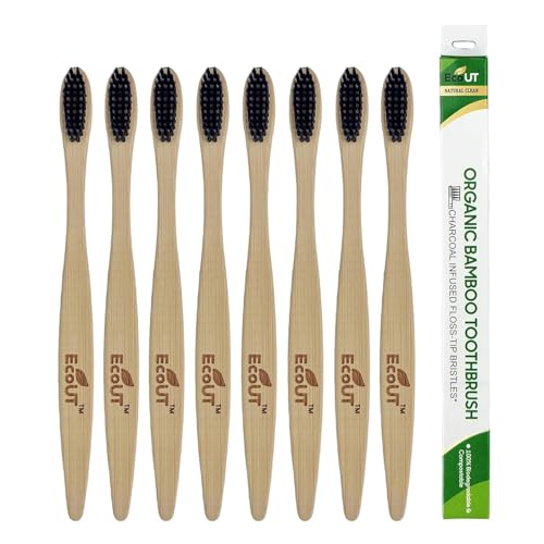 Image of EcoUT Bamboo Toothbrush Pack of 8 | Eco Friendly Wooden Toothbrush | Charcoal Infused Soft Bristles | Biodegradable Toothbrush for Adults & Kids | Plastic Free, Sustainable Oral Care