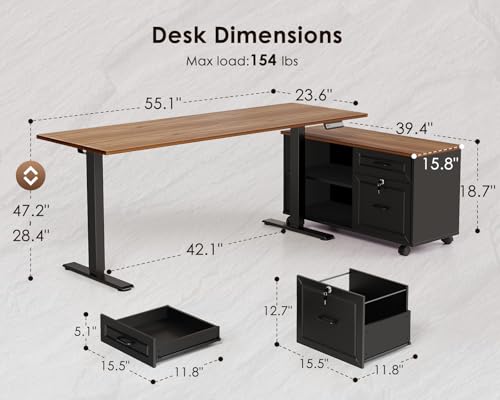 image for OffiGo 55 Inch L Shaped Electric Standing Desk with Drawers & File Cab