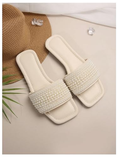 GORGLITTER Women's Pearls Sandals Rhinestone Flat Sandals Dressy Open Toe Slide Sandals2