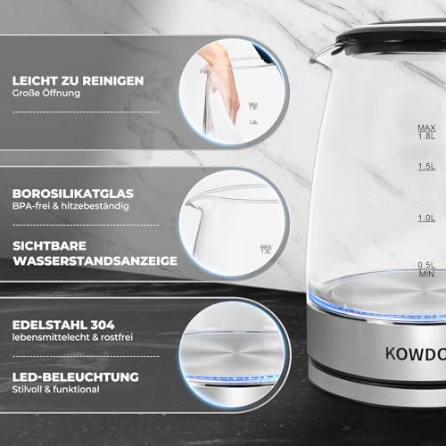 Kowdom Glas-Wasserkocher 1,8L aus Borosilikatglas & BPA-frei - 2200W mit Blitzaufheizung | Automatische Abschaltung + Trockenlaufschutz