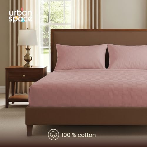 Image of Urban Space 100% Cotton 300TC Jacquard bedsheets for King Size Bed, Pure Cotton Bedsheet King Bed, Checks bedsheet King Size with 2 Pillow Covers (108 x 108 Inches, Dusty Pink Cubes)