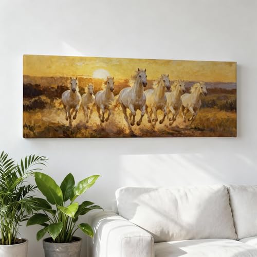 Image of SoulAbiti Vastu Seven White Horses at Sunrise Unframed 36x14 inches Rolled Canvas Wall Realism Art UV Print Painting for Living Room, Bedroom & Office Decor Premium Gloss Vivid Fade-Resistant Print