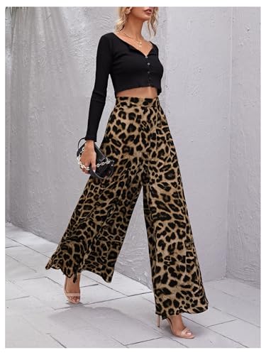 Floerns Women's Leopard Print High Waist Palazzo Pants Wide Leg Baggy Trousers3
