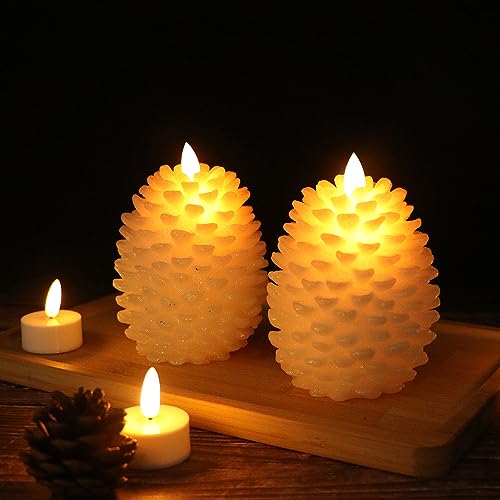 Image of Wondise Pine Cone Flameless Flickering Candles with Remote and Timer, Set of 2 Battery Operated LED Candles Real Wax Christmas Home Decoration Candle(3.5 x 4.7 Inches, White)