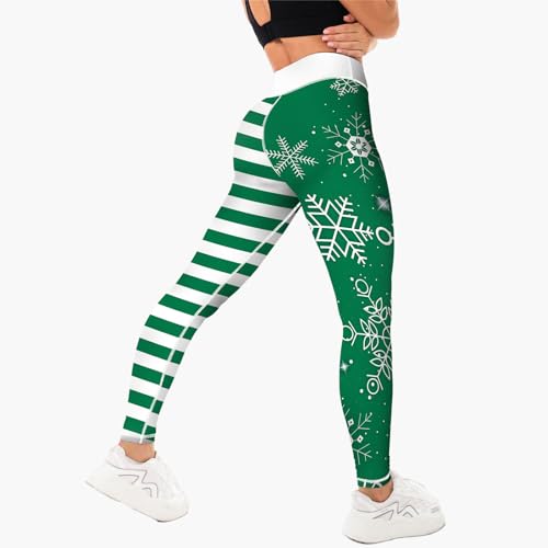 Women's Christmas Leggings Printed High Waisted Tights Trendy Workout Yoga Pants(Snowflake Pattern,Green Stripes,XL)
