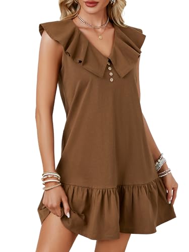 Image of LYANER Women's Summer Dress | Ruffle Hem, Button, Sleeveless Tank, V Neck, Casual Smock, Boho, Mini, Beach