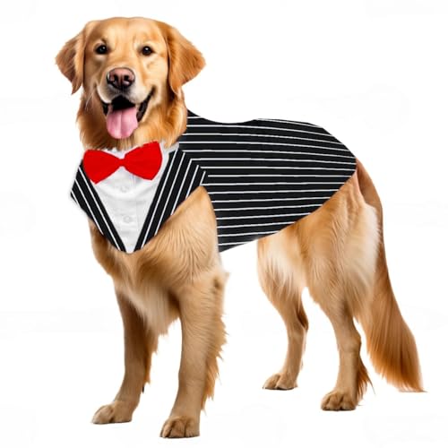 Image of Buraq Dog Tuxedo Dress Suit Bandana Set, Bow tie, Wedding Party Suit, for Small Medium Large, Male and Female Dogs Golden Retriever, Labrador, shitzu, Pug (Black Strip Line, M)