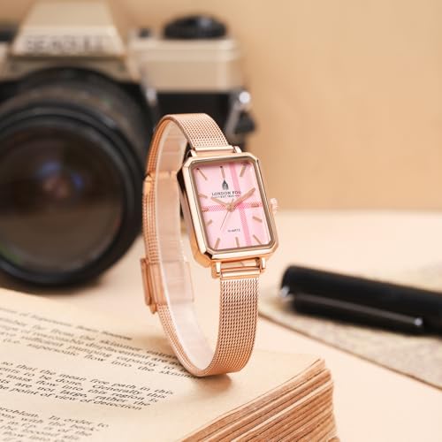 Image of London Fog Victoria Collection Analog Quartz Watch for Women with Textured Dial, Rectangular Metal Case, Mineral Glass, Mesh Strap & Water Resistant - LFW20006