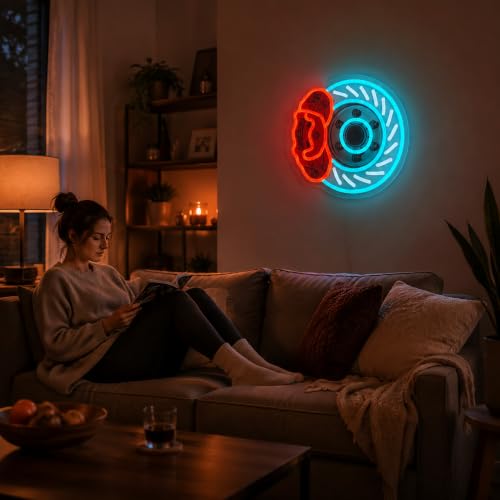 Image of Brake Disc Neon Sign, USB Powered LED Garage Wall Decor |Automotive Wall Decor for Garage, Game Room, Bedroom, Workshop, Party Decoration and Car Enthusiast Gift