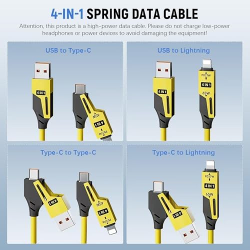 Image of 4 in1 Type C Cable with Spring, PD65W C Type Cable Fast Charging, 480Mbps Data Transfer USB to Type C Cable, Multi Adjustable Cable with Type C /USB A /Light-ning Port (MULTICOLOR)
