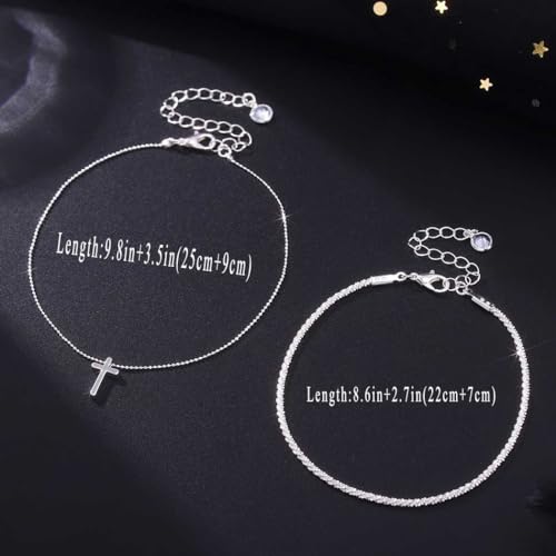 Image of Yalice 925 Sterling Silver Ankle Bracelets for Women Dainty 14K Gold Plated Anklets Set Shiny Waterproof Ankle Chain Cross Beach Foot Jewelry Gifts
