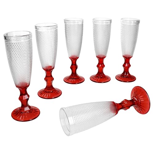MamboCat Rubin Set di 6 bicchieri da spumante, 150 ml, calici da spumante con manico rosso, effetto strutturato, flauti da spumante, prosecco e champagne, feste, Natale e così via.