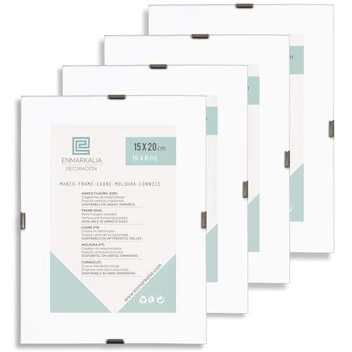 PACK X4 - 15x20 cm Marco Clip de cristal - portafoto sin marco - soporte para fotos, diplomas y certificados - cristal con cantos pulidos - incluye peana para ponerlo de pie y colgadores de pared.