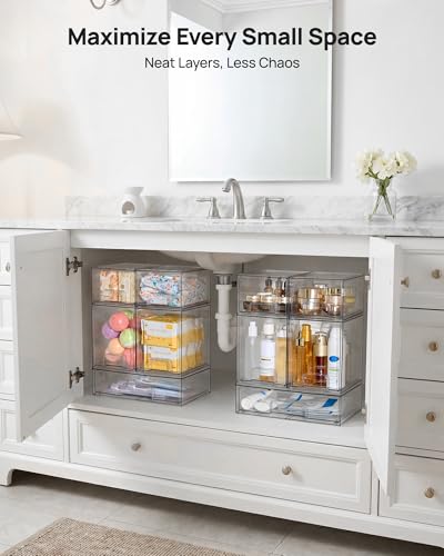 Image of Vtopmart Stackable Storage Drawers Set of 5, Clear Plastic Organizer Bins for Baby Bottle, Beauty Supplies Storage, Ideal for Kichen Countertop, Vanity, Bathroom, Cabinet, Pantry Organization