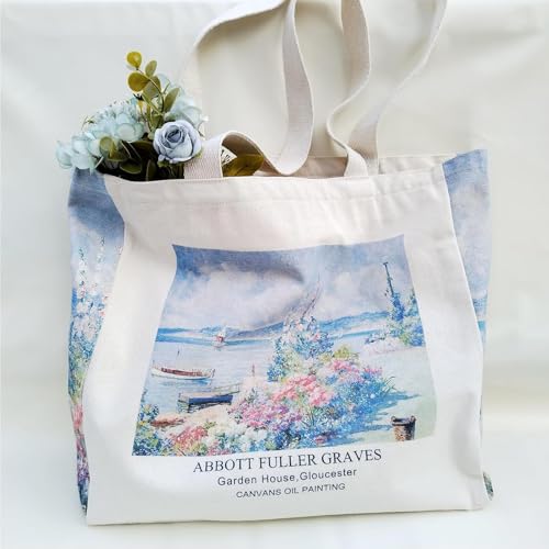 Image of BROADREAM Aesthetic Canvas Tote Bag for Women, Vintage Reusable Book Tote Bag with Inner Zipper Pocket