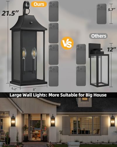 Image of RAYVO 21.5 inch Large Outdoor Lantern Lights Dusk to Dawn, Modern Farmhouse Exterior Light Fixtures Wall Mount, Anti-Rust Outside Wall Sconce for Porch Garage Entryway Patio, Black, 2 Pack