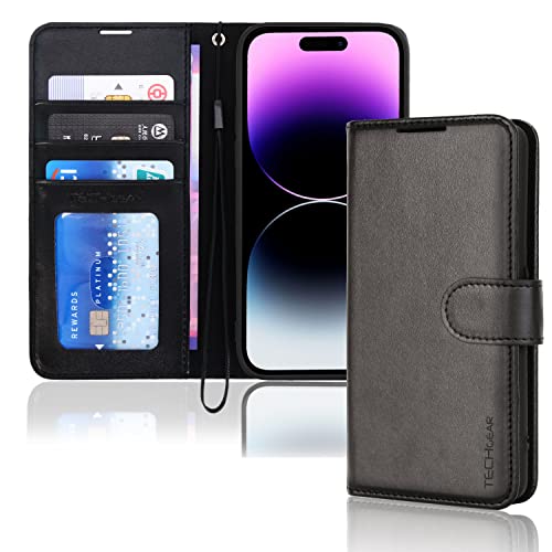 TECHGEAR iPhone 14 Pro Leather Wallet Case, Flip Protective Case Cover with Wallet Card Holder, Stand and Wrist Strap - Black PU Leather with Magnetic Closure Designed for iPhone 14 Pro 6.1"