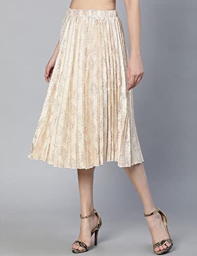 Image of oxolloxo Women Beige Jacquard Printed Pleated & Elasticated Skirt