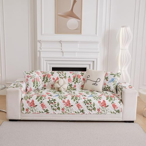 Image of HOMETHREADS Premium Style Anti Slip Sofa Cover Set | Cotton Sofa Slipcover | 1Pc Front Cover with Attached Armrest + 1Pc Back Cover (Leave Green Flower, 2 Seater | 120x185cm)