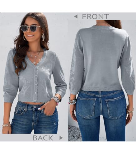 Image of Women Crop Cardigan Sweaters Lightweight 3 /4 Sleeve Button Up Crochet Shrug | Textured Bolero For Dresses Dressy Casual, V Neck, Ladies Eyelet Shawl Thin Trendy