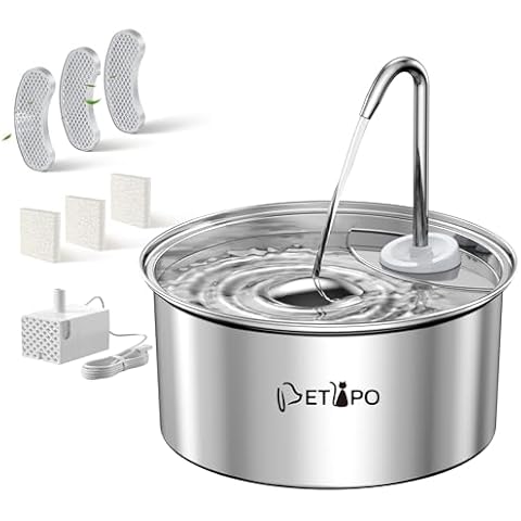 Petlipo Stainless Steel Cat Water Fountain, 3.2L/108oz Stainless Cat Fountain with Replacement 3 Pcs Filters & Sponges, Ultra Quiet Cat Fountain Pump, Pet Fountain with 2 Flow Modes for Cats Dogs Cover