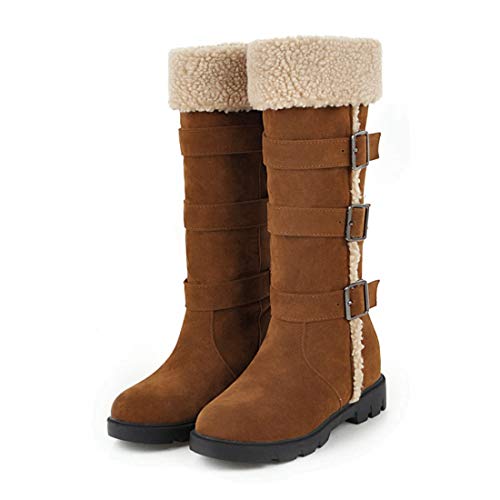 VOKLIN Women's Winter Fur Mid Wide Calf Snow Boots Waterproof Suede Buckle Slip On Quilted Warm Snow Boot2