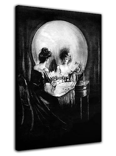 QUNYAAE Halloween Skull Vanity Reflecting Woman Illusion Art Surreal Poster