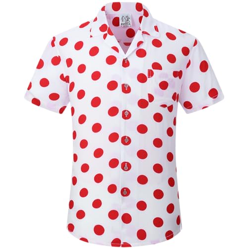 DOKKIA Men's Casual Tropical Floral Short Sleeve Luau Beach Aloha Hawaiian Shirt Polka Dot White Red Large