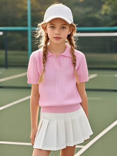 Girls Short Sleeve Polo Shirt Summer Knit School Uniform Blouse V Neck Cable Pullover Sweater Tops 5-14 Years3