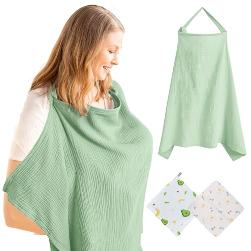 Solivive Couverture Allaitement Bébé, Tablier Allaitement en Coton Doux (105 * 71 cm), Couvertures d'allaitement en mousseline pour bébé (Vert)