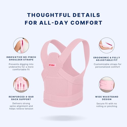 Fit Geno Back Brace and Adjustable Posture Corrector And Trainer for Women and Men, Back Straightener, Scoliosis and Hunchback Correction, Back Pain, Spine Support, Pink, Medium (Waist 34-41 Inch)