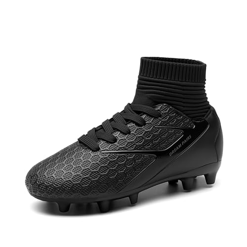 DREAM PAIRS Boys Girls Soccer Cleats Youth Firm Groud Outdoor Sport Athletic High Top Football Shoes for Little/Big Kid 10 Toddler Black Monochrome