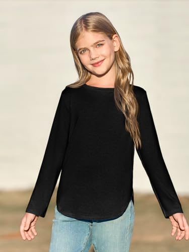 Haloumoning Girls Long Sleeve Shirts Kids Curve Hem Side Slit Soft Tunic Tops T-Shirts 5-14 Years2