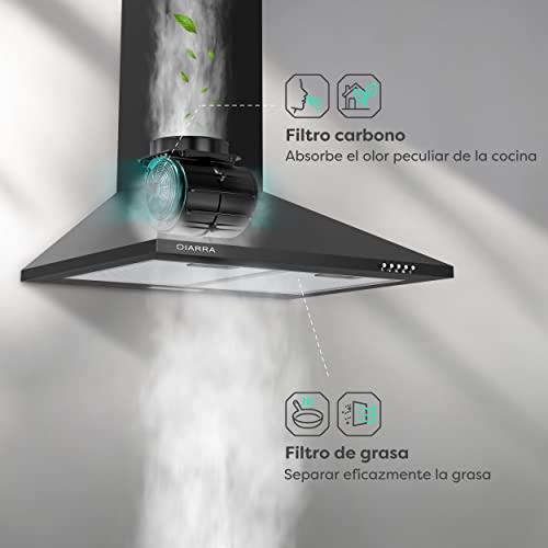 CIARRA-CBCB6201-Campana-de-pared-60cm-370-mh-70W-3-velocidades-Evacuacion-al-exterior-y-Recirculacion-Interna-por-Filtro-de-Carbon-CBCF002X2-Opera-por-Botones-Negro