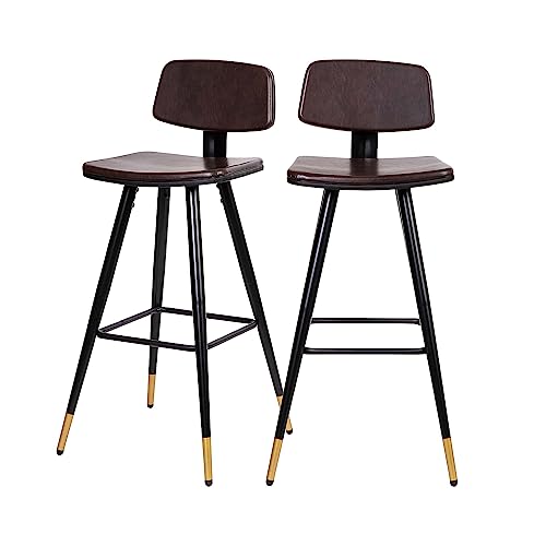 Flash Furniture Kora Commercial Grade Low Back Barstools-Brown LeatherSoft Upholstery-Black Iron Frame-Integrated Footrest-Gold Tipped Legs-Set of 2